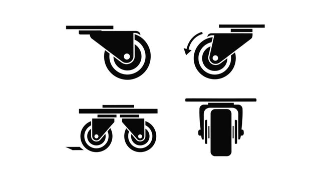 Four views of a caster wheel demonstrating function as a silhouette
