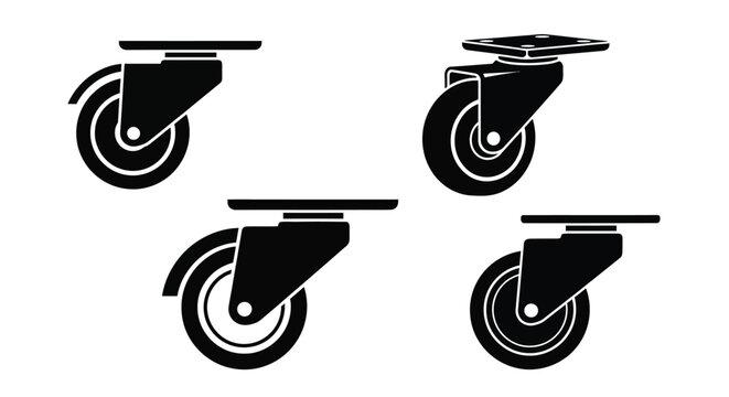 Four black caster wheels illustrated in a graphic silhouette