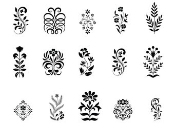 Collection of black floral and vine ornamental elements