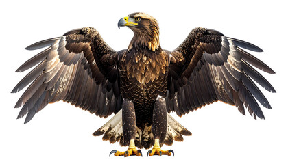Obraz premium Majestic golden eagle standing with wings fully spread out. This powerful bird of prey is shown in a frontal view, a symbol of freedom and power, isolated with a transparent background.