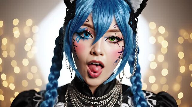 Cosplay Cat Girl Portrait, Blue Hair Anime Style Woman with Peace Sign Gesture, Neon Makeup and Gothic Fashion Close Up