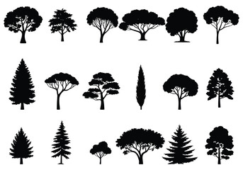 Collection of Black Tree Silhouettes on White Background