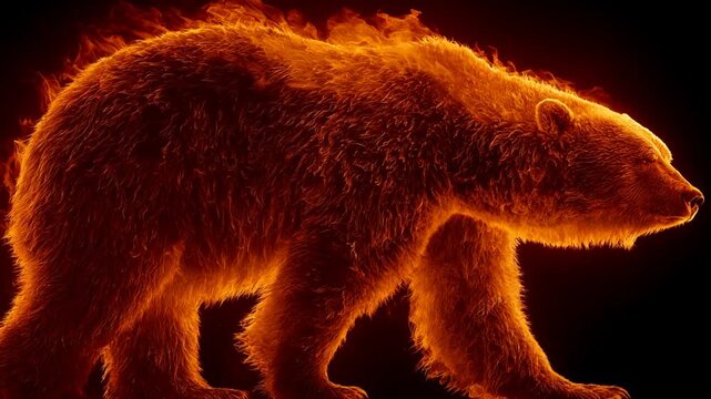 A digitally rendered, fiery bear walks gracefully. Lit with orange and red tones on a black background