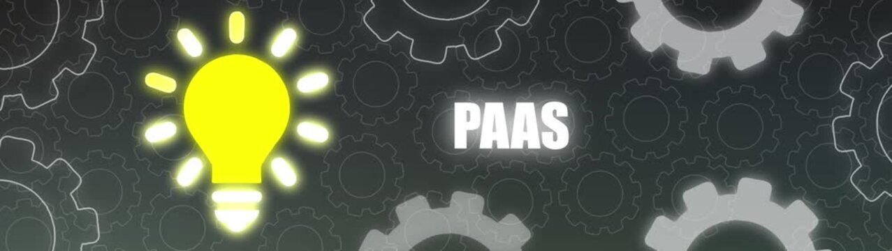 Yellow Light Bulb and PAS Text Surrounded by Interlocking Gears on Dark Background PAAS platform as a service