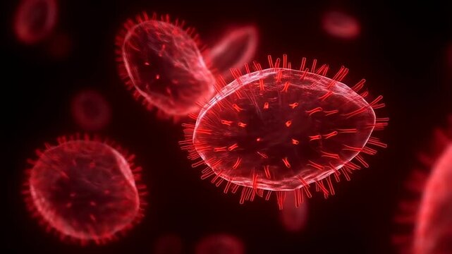 Close-up of animated red virus particles in motion. Visualization of pathogens highlighting the importance of health and disease awareness