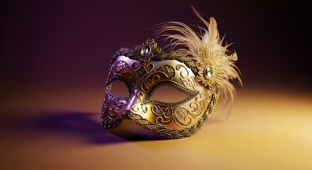 Ornate masquerade accessory rests dramatically under  lighting with rich colors