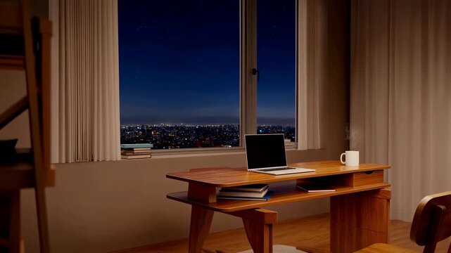 Cozy home office setup with a laptop and coffee mug overlooking a city skyline at night. Ideal for remote work and productivity inspiration