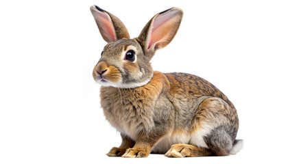 Obraz premium Cute brown fluffy rabbit sitting and looking forward. Adorable domestic bunny with long ears and soft fur. Mammal pet animal concept for Easter or nature themes. Isolated on a transparent background.