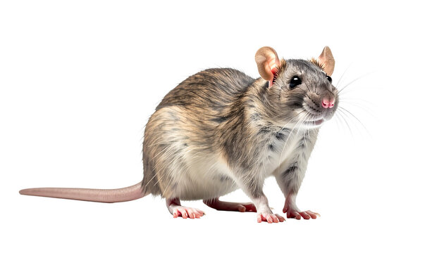 A detailed full-body studio portrait of a common brown rat, a small mammal, standing and looking curious. Realistic rodent image with a transparent background for easy compositing.