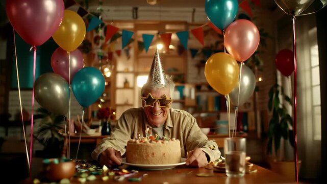 Birthday celebration theme for party event. A man wearing a party hat and sunglasses, lighting candles on a birthday cake surrounded by colorful balloons and decorative flags.