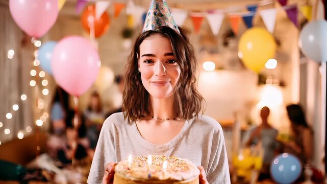 Birthday celebration theme for party event. A woman wearing a festive party hat, holding a birthday cake adorned with lit candles, surrounded by colorful balloons, decorative flags.