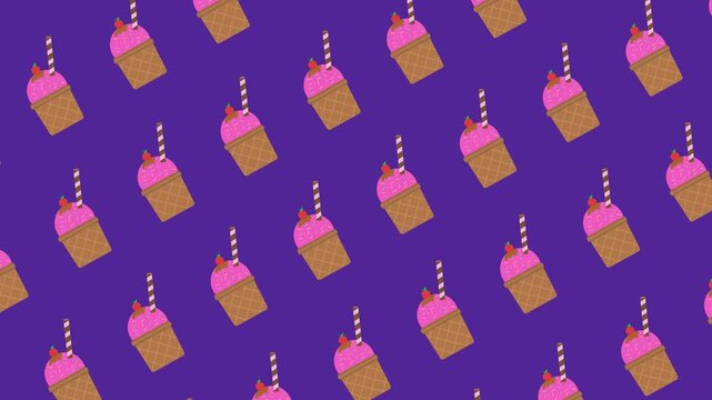 Seamless pattern with pink strawberry ice cream cones on a purple background animation. Repeating summer dessert wallpaper with strawberry sundae cones and sprinkles. Delicious ice cream backdrop.