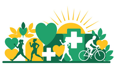 Health and wellness concept with hearts, crosses, and active figures Keywords: health, wellness