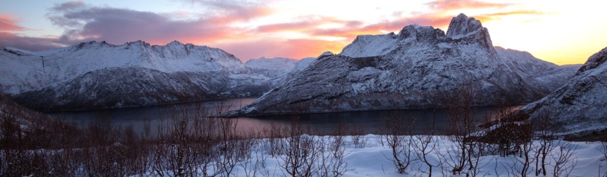 Magical fjord scenery in winter wonderland on the North Norwegan Island of Senja