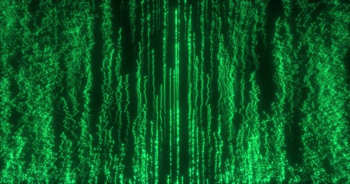 The abstract wall is made up of descending paths of particles, creating the effect of digital rain. The smooth movement of the elements forms a dynamic, mesmerizing pattern that fills the space with e