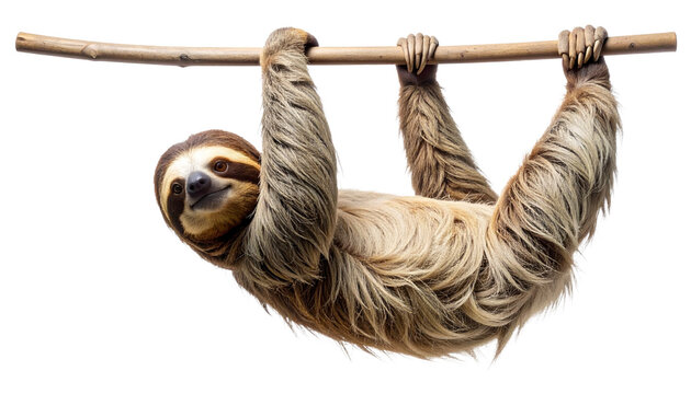 A cute two-toed sloth hangs upside down from a tree branch, looking at the camera with a gentle smile. Isolated wild mammal on a transparent background for easy compositing and design use.