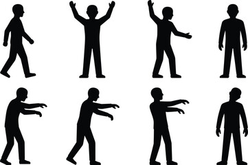 WebBlack silhouette collection of male figures walking standing and gesturing transition into scary undead zombie poses isolated on white background for creative desig