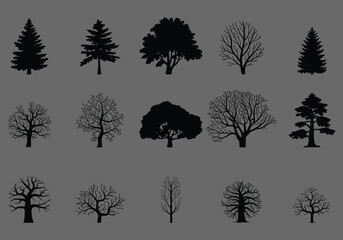 Silhouettes of various trees on a grey background nature