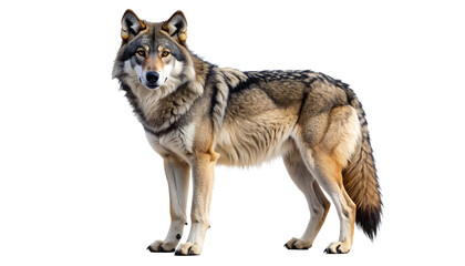 Fototapeta premium Full body shot of a majestic gray wolf, Canis lupus, standing and looking at the camera. This wild predator is isolated on a studio transparent background, perfect for wildlife projects.