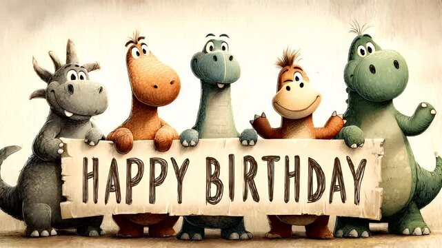 Birthday celebration theme for party event. A vibrant and animated scene featuring a group of cartoon dinosaurs holding a sign that reads Happy Birthday against a white background.
