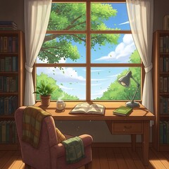 Comfortable interior setting features a wooden desk and armchair with bright outdoor greenery visible through a large window