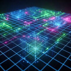 Glowing digital lines and points form a complex network across a dark, structured surface