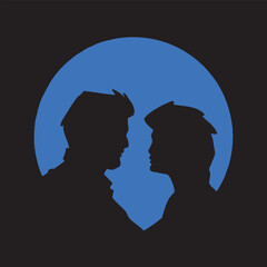 Silhouetted couple facing each other against a blue moonlit sky vector illustration