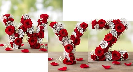 Floral arrangements forming the letters W, Y, and Z feature deep red roses and white lace accents on a wooden surface