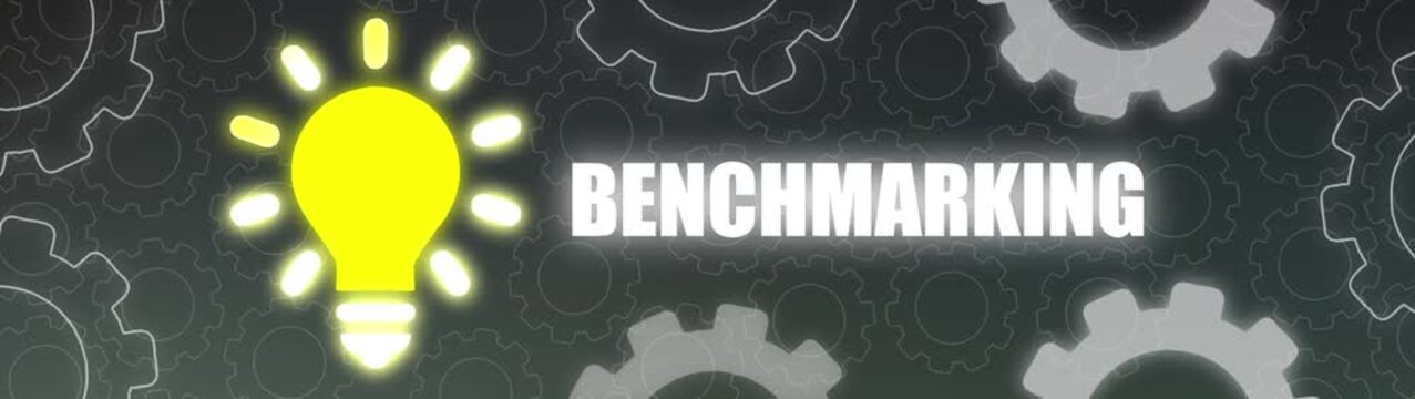 Illuminated Yellow Light Bulb and the Word Benchmarking on a Dark Gear- Filled Background comparison