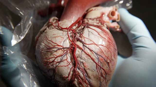 Ultra HD Closeup of a human heart with visible arteries and veins, held by a gloved hand, partially covered in plastic for medical examination or study video