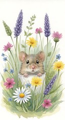 Small rodent peeks over the edge of a white container nestled amongst diverse wildflowers and tall grasses