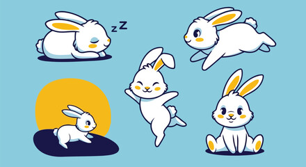 Obraz premium Funny white bunny characters in action poses running sleeping and playing