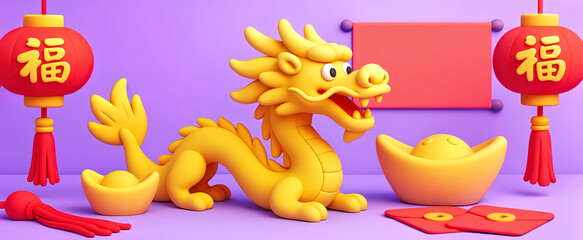 Obraz premium Chinese New Year banner with cute 3D golden dragon, lanterns, and gold ingots on purple background. 3D render style, banner 