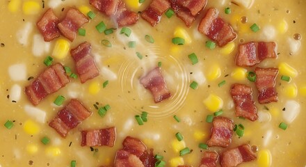 Creamy soup preparation featuring kernels of sweet corn and pieces of smoked meat topping