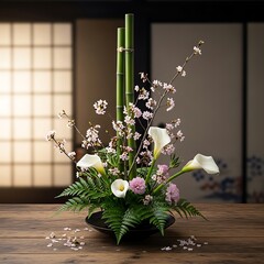 Elegant floral arrangement featuring bamboo stalks, calla lilies, and blooming branches set on a wooden surface indoors