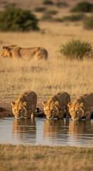 Three lionesses drink water from a watering hole in a dry savanna environment
