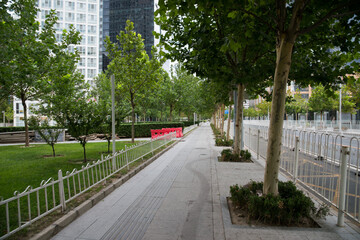 Beijing Urban Park Pathway with Tall Buildings and Trees © Nguyen