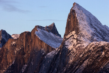Dramatic Segla mountain peak with the famous Hesten ridge viewpoint.