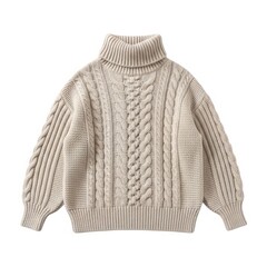 Fototapeta premium A cozy beige cable knit sweater with a turtleneck and puffed sleeves