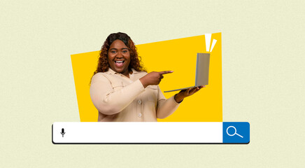 A person smiles while holding a laptop and pointing at it. The background has bright colors and...