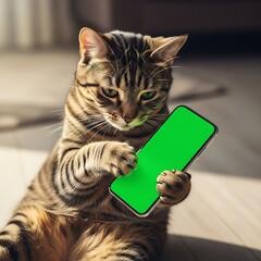 Feline companion intently engages with a mobile communication device featuring a green screen