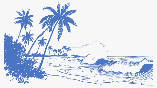 Island palms surf coastline foam rolling waves. Hand drawn crayon vintage sketch drawing line art tropical shore with bushes and sea spray. Retro beach vacation illustration set.