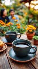 Fototapeta premium Enjoying hot drinks with friends in a garden setting