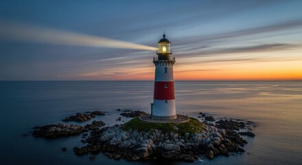 Fototapeta premium A solitary lighthouse stands resilient against the twilight ocean waves