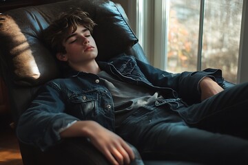Fototapeta premium high school teen boy relaxing on recliner in natural daylight