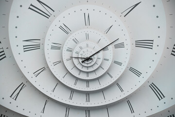 Vintage white spiral clock dial with roman numerals. Concept of Infinite time, deadline, scheduling, time and space, past, present and future.