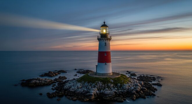 A solitary lighthouse stands resilient against the twilight ocean waves