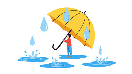 A cartoon person holding a yellow umbrella standing on a white background with rainwater splashing around them. © Steven