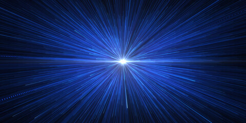 Bright radial light beams. Abstract background in blue neon glow color. Light burst in universe. Space background for event, party, carnival, celebration, anniversary or other