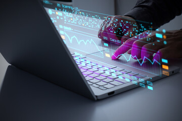 Man interacting with a holographic dashboard with graphs. Concept of data management system, business intelligence, data statistics, marketing analysis, key performance indicators (KPI) and analytics